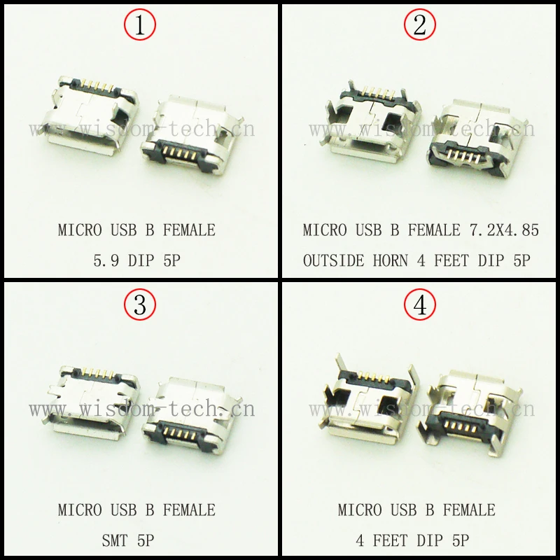 Катушка упаковка 200 шт./лот 4 модели Micro USB Женский Разъем для телефона с хвостом
