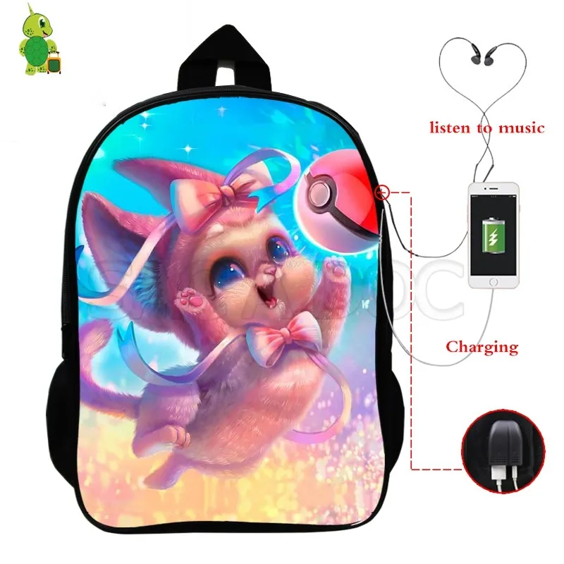 Забавный рюкзак Pokemon Pikachu Mewtwo с зарядкой через USB, многофункциональные школьные сумки для девочек-подростков и мальчиков, большие дорожные сумки через плечо