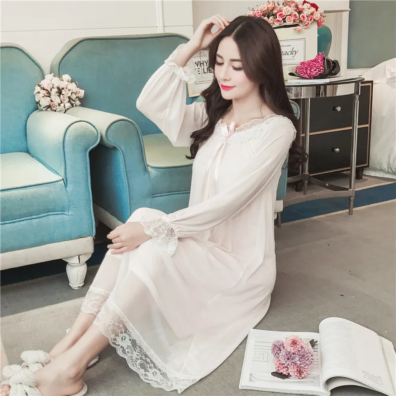 

2018 Womens Soft Elegant Midi Nightgowns Female Sweet Princess Sleeping Home Dress Lady Lace Sexy White Pink Nightdress AD230