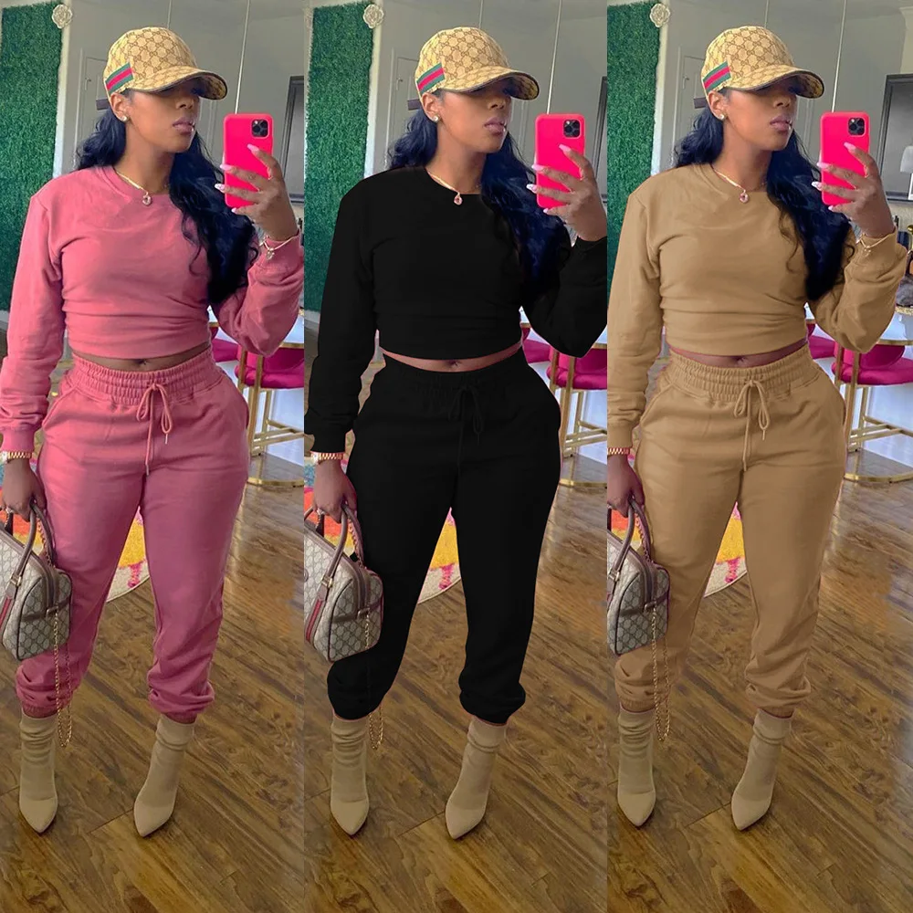 

Casual Solid Sportswear Fitness Tracksuit Women Lounge wear Long Sleeve Sweater Top + Drawstring Sweat Pants Slim Two Piece Set