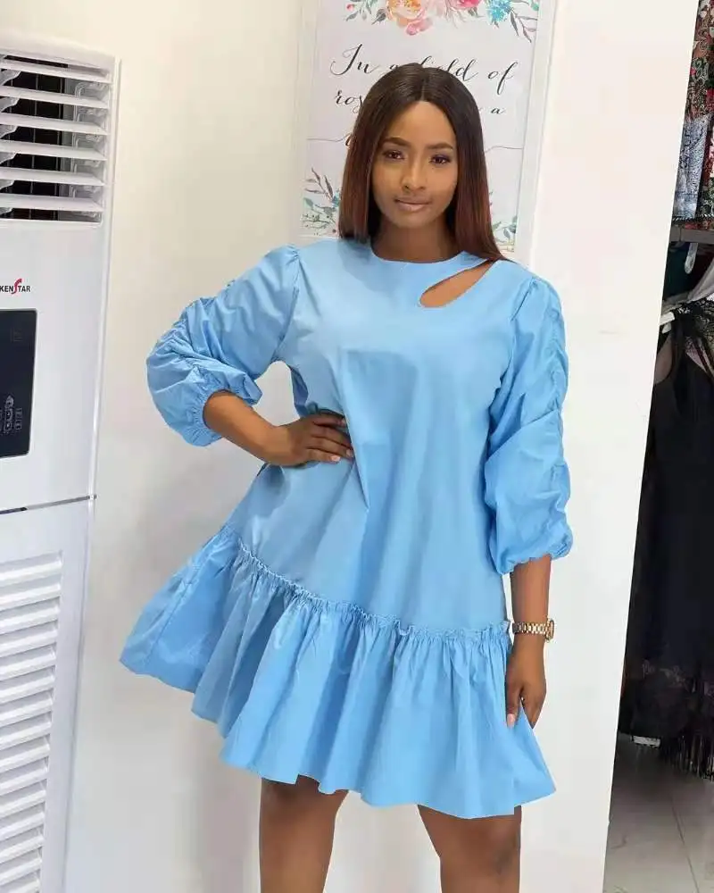 

Coffeehot Dresses Casual Loose Hollow Out Ruffled pleats Design Women Dress