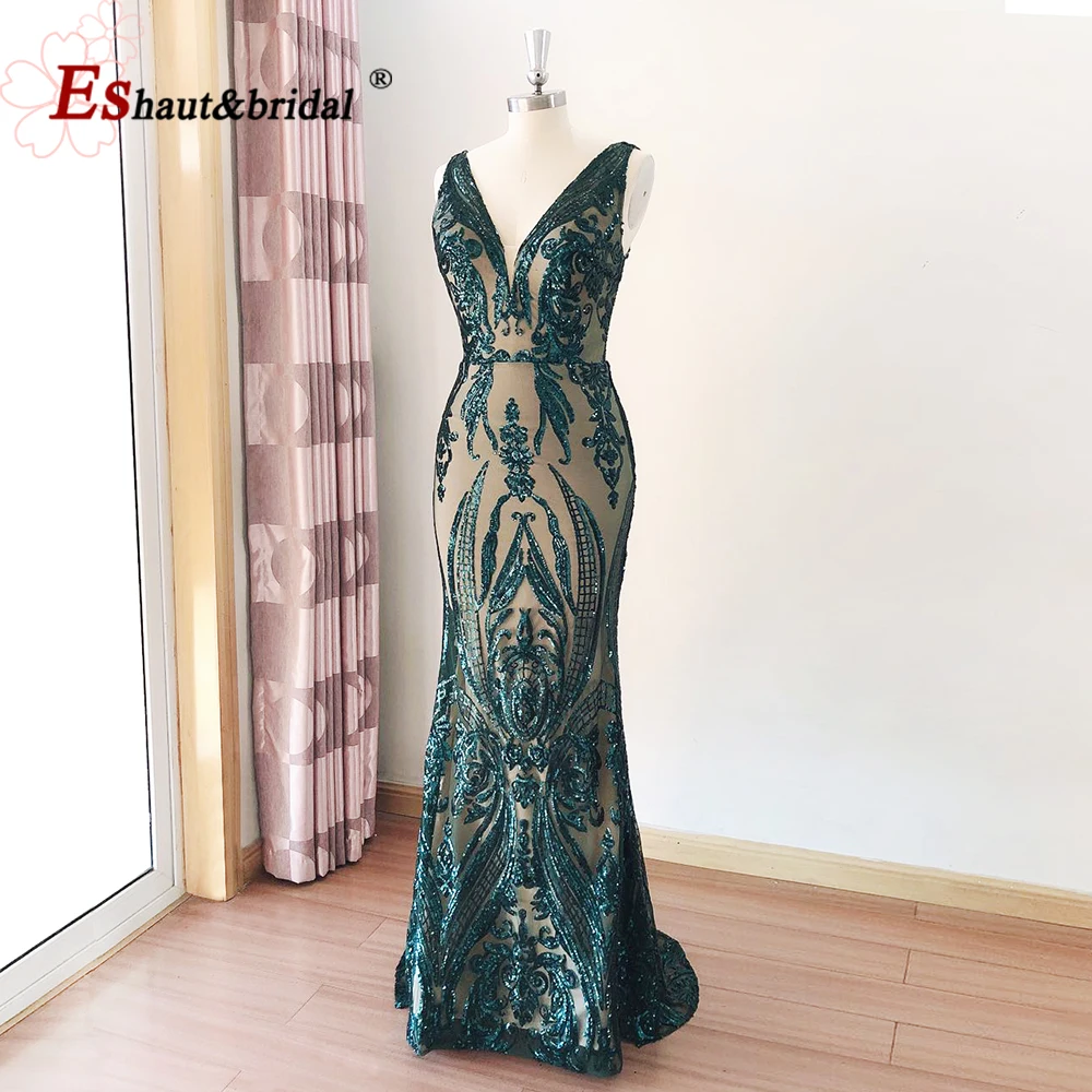 Женское блестящее платье-русалка длинное вечернее платье с V-образным вырезом