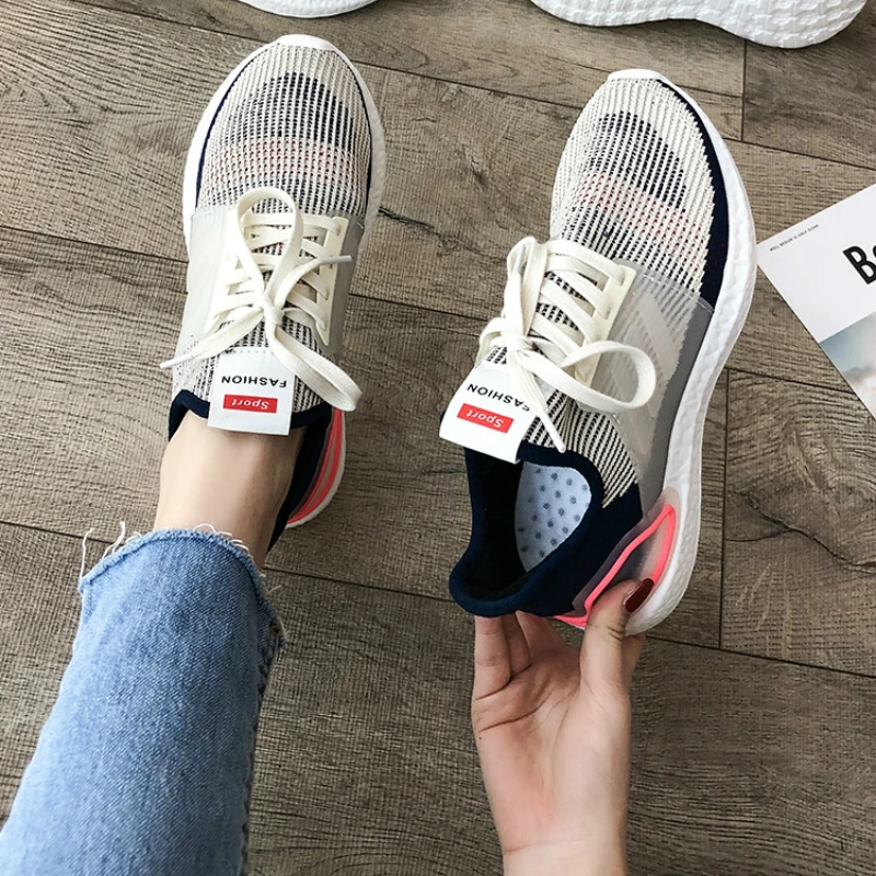 Женская спортивная обувь Новинка лета 2019 тканая на толстой подошве дышащая