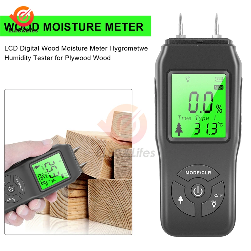 

Professional Wood Moisture Meter Hygrometer Timber Damp Detector Tree Density Digital Wood Humidity Tester LCD Display