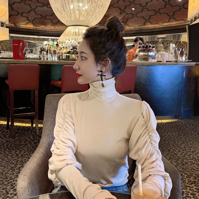 

Pullover Hot Temperament Cotton High Collar Puff Sleeve Bottoming Shirt 2019 New Self-cultivation Wild Long-sleeved Women Woman