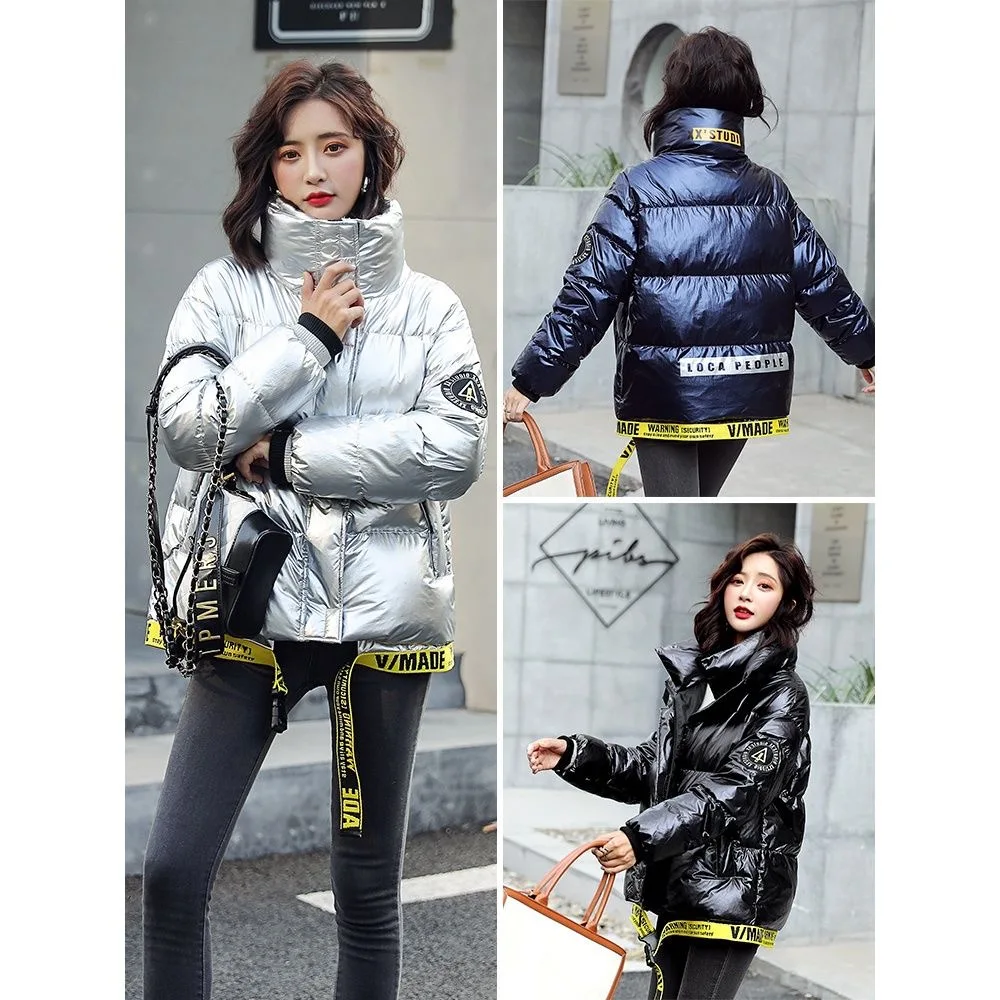 

Fashion Glossy Down Jacket Thick Women Short 2020 New Korean Letter Ribbon White Duck Down Coat Winter Warm Outerwear Parka