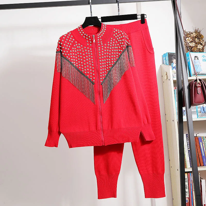 

Red Knitted Tracksuit Set Women Handwork Rivet Tassel Cardigan Sweater Pencil Pants Two Piece Outfits 5 Color Knit Suit Female