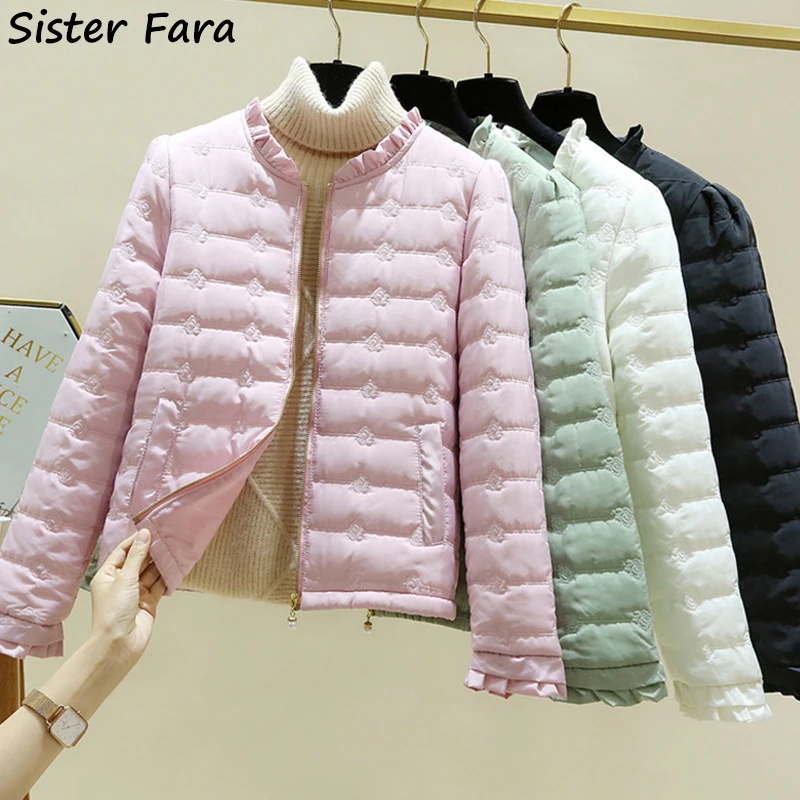 

Sister Fara 2021 Winter Embroidered Thin Down Jacket Women Short Warm Thick White Duck Down Jacket Female Casual Down Jacket