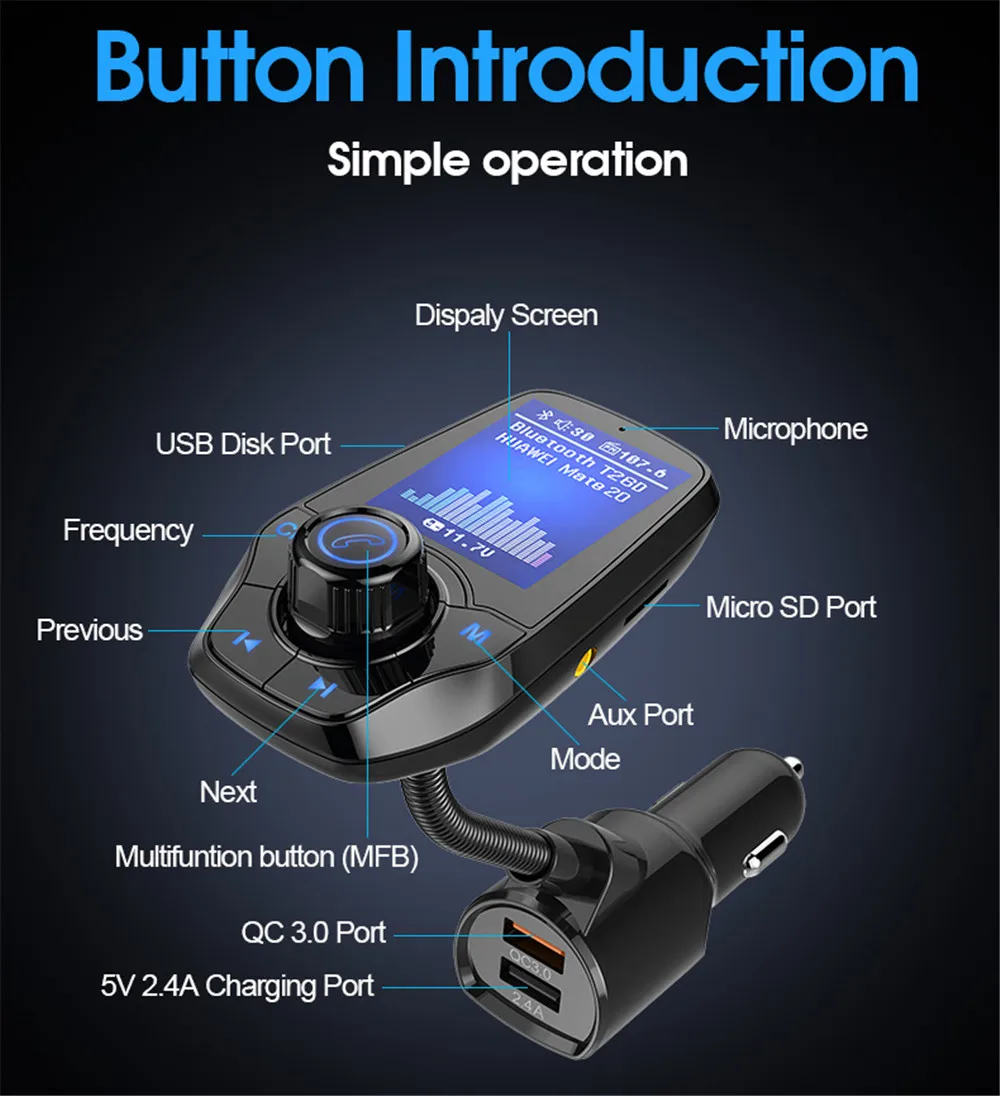Автомобильный Bluetooth fm-передатчик без рук MP3-плеер цветной большой экран пусковой приемник QC3.0 Bluetooth радио передатчик T26D