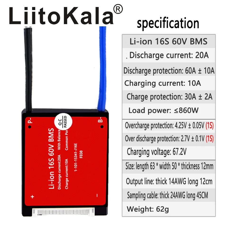 

LiitoKala Li-ion 16S 60V 20A 18650 PCM battery protection board BMS PCM with balanced lithiumion lithium battery module