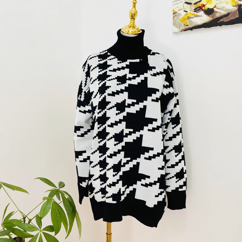 

MosiMolly Cool Plaid Sweater Jumper Knits Women Loungewear Turetleneck Oversize Sweater 2020 Houndstooth Sweater
