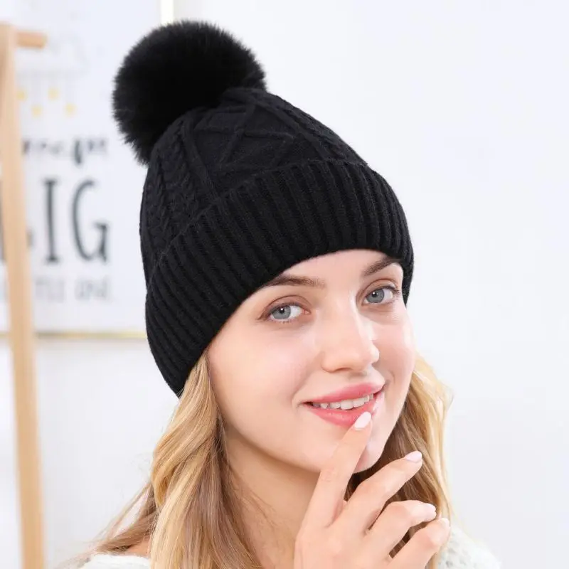 

шапка Women's Chunky Trendy Knitted Beanie Hat Cable Knitted Beanie Hats with Faux Fur Pom Warm Soft Comfort Solid Color Skull