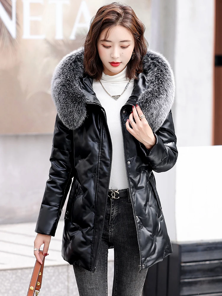 New Women Sheepskin Down Coat Winter 2022 Fashion Fox Fur Collar Medium Long Thick Warm Sheep Leather Down Coat Oversize Coat