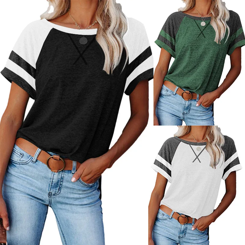 

2021 Spring Summer New Women's T-shirt 2021 Solid Color Cross basic Loose Striped short sleeve t-shirts Casual blouses shirts