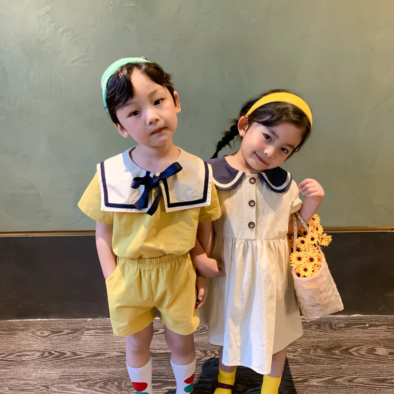 

Children's Set 2021 Summer Boys and Girls Korean Academic Style Set Cotton and Linen Lapel Dress Brother and Sister Clothing