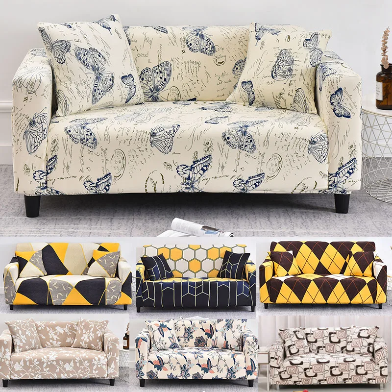 

Elastic Couch Cover Pretty Butterfly Floral Slipcovers Geometric Style Corner Sofa Covers For Living Room Protect Furniture Sofa