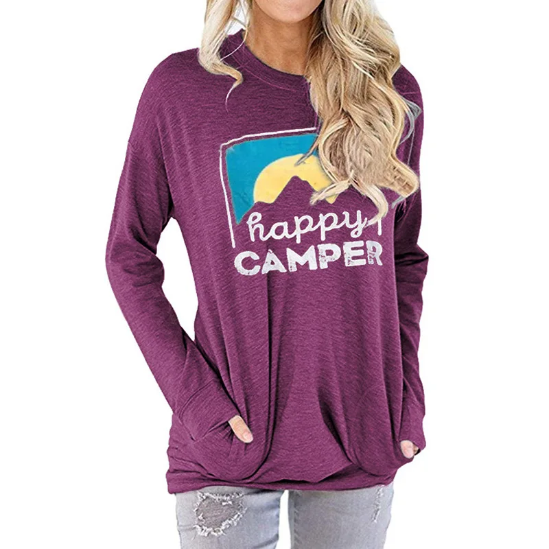 

Autumn Popular Women's Sweater Happy Camper Printed Letter Loose Round Neck Long-Sleeved T-shirt Women Woman Tshirts Tops