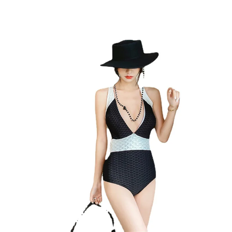 

Swimsuit 1 Piece Women 2021 Summer Clothes One Bodysuit Sexy Female Backless Black White Color Bikini Print Polyester For Ladies