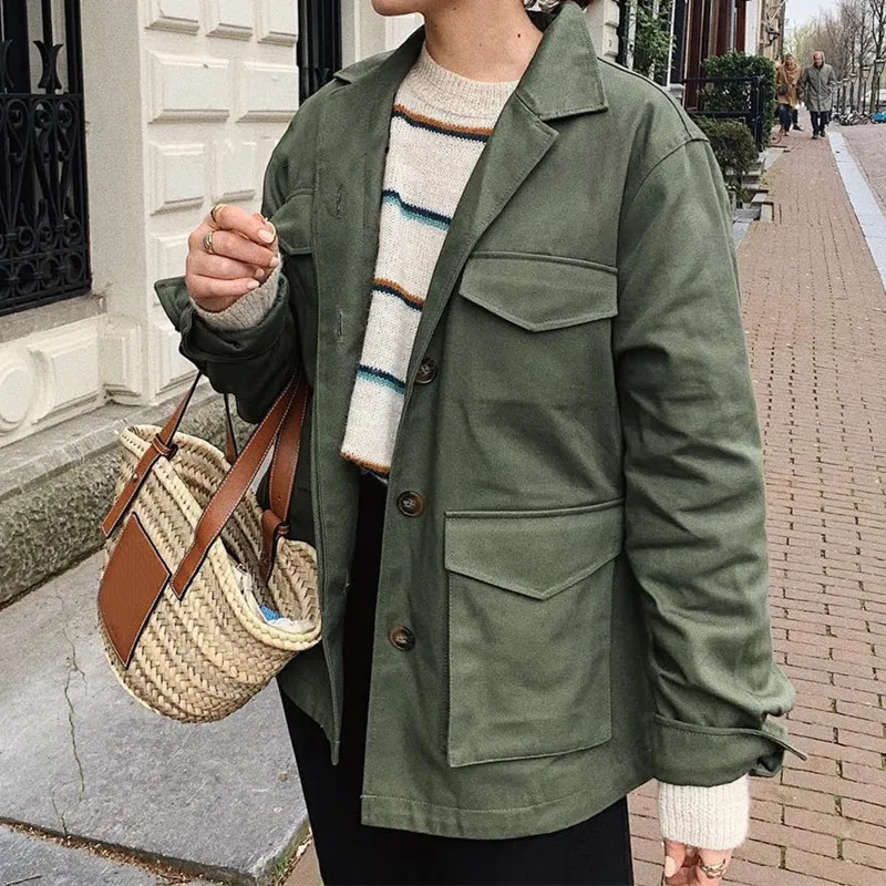 Женское Свободное пальто с карманами зеленое пальто-карго несколькими верхняя