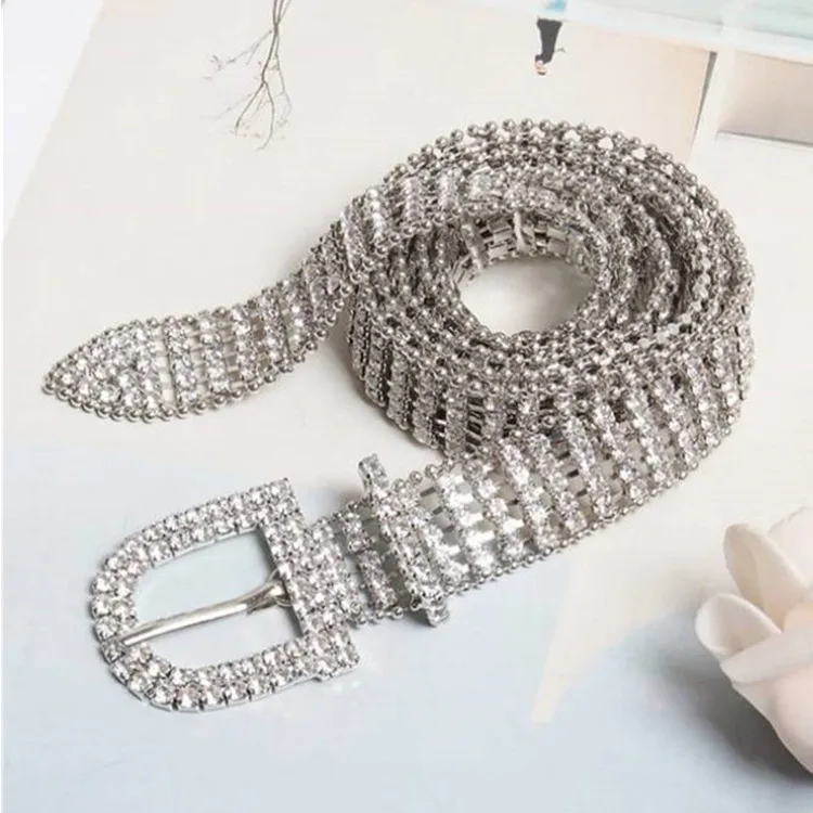 

2019 Fashion Sequins Crystal Diamond Belt Women Full-Diamonds Metal Belt Gold Silver 2 Style One Size