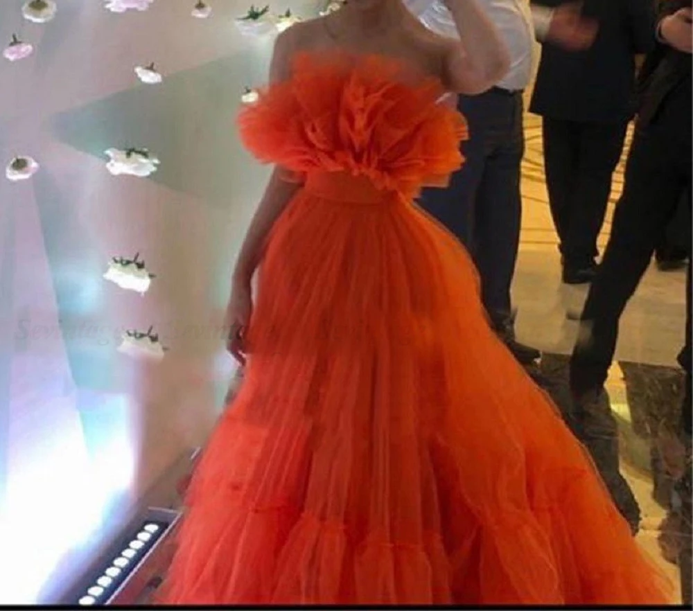 

Платье женское вечернее без бретелек, Тюлевое многослойное с оборками и шлейфом в пол, без рукавов, для часовни