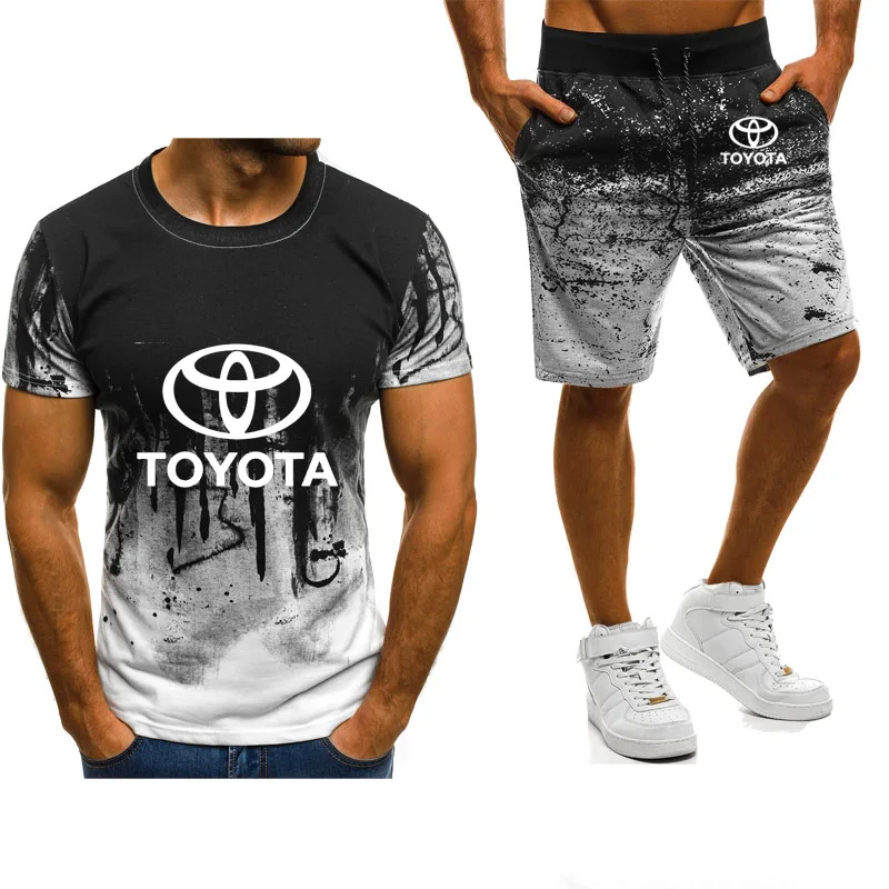 

Summer Mens Short sleeve Toyota Car Logo print Casual Fashion Gradient T-Shirt high quality Cotton Men's T-shirt+shorts suit 2pc