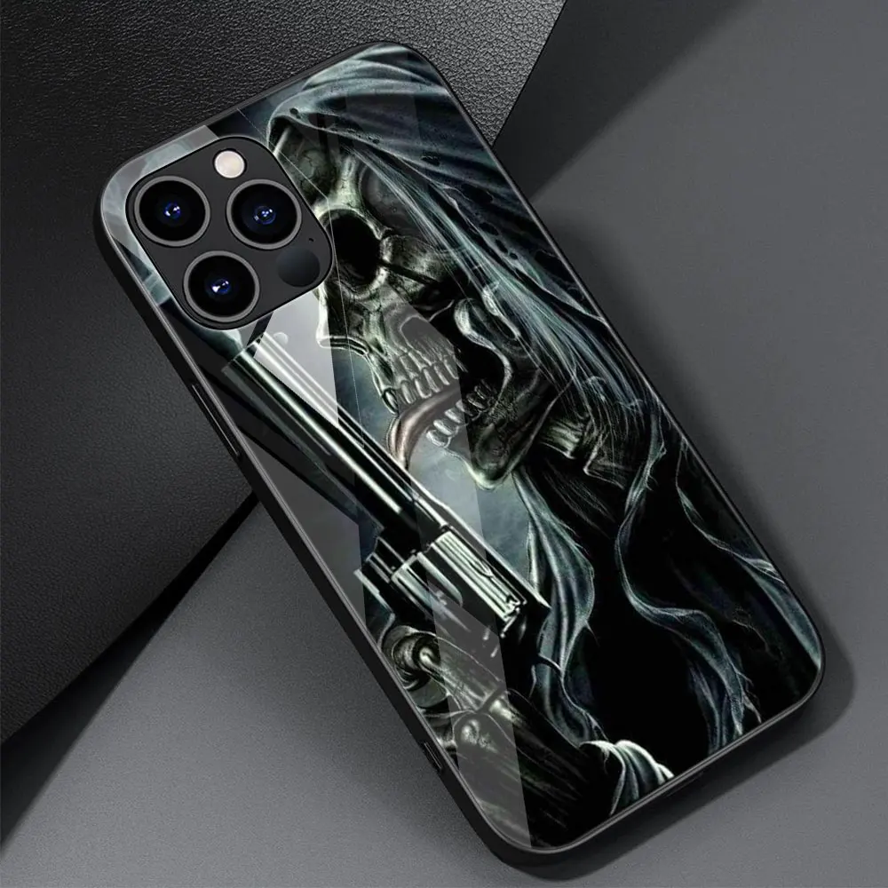 Fashion Skull Skeleton Grim Reaper Glass Phone Case for iPhone 11 12 13 Pro XR X 7 8 XS Max 6 6S Plus SE Mobile Phones Cover images - 6