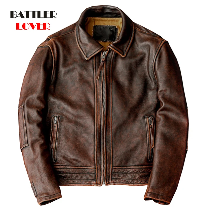 

2021 New Style Genuine Leather Jacket For Men Vintage Brown Cowhide Coats Male Slim Fit Fashion Biker Overcoats Asian Size S-6XL