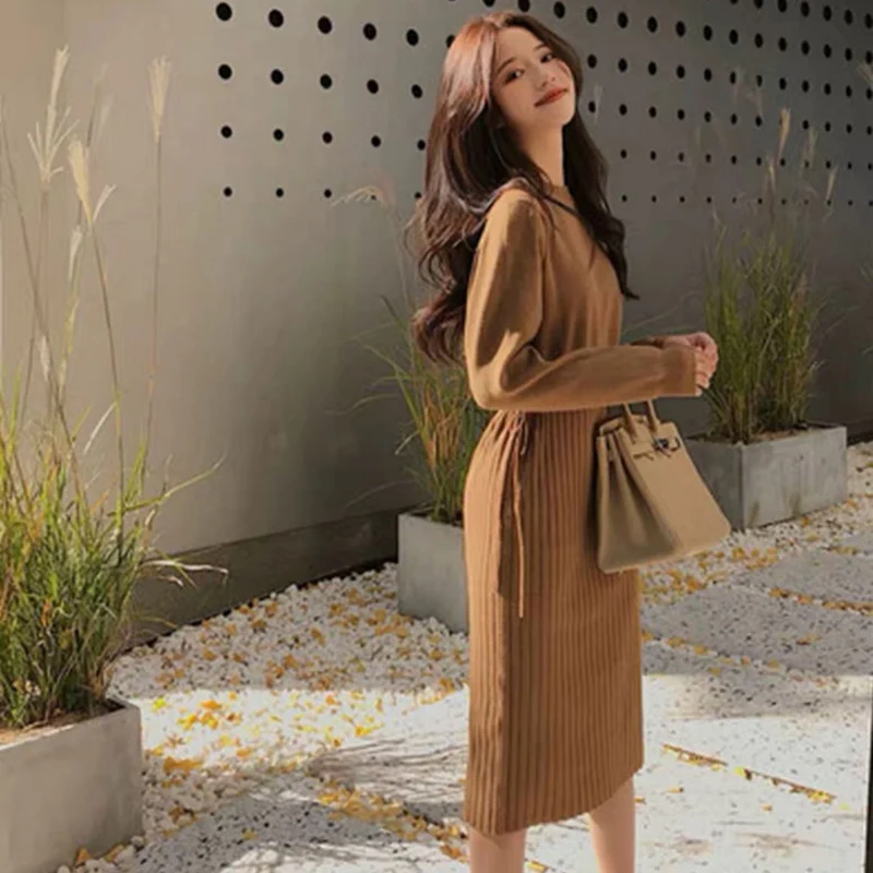 

2012 New Fashion Autumn Winter Women Dresses Casual Long Sleeves Thick Knitting Dress Drawstring Elegant Loose Office Lady Dress