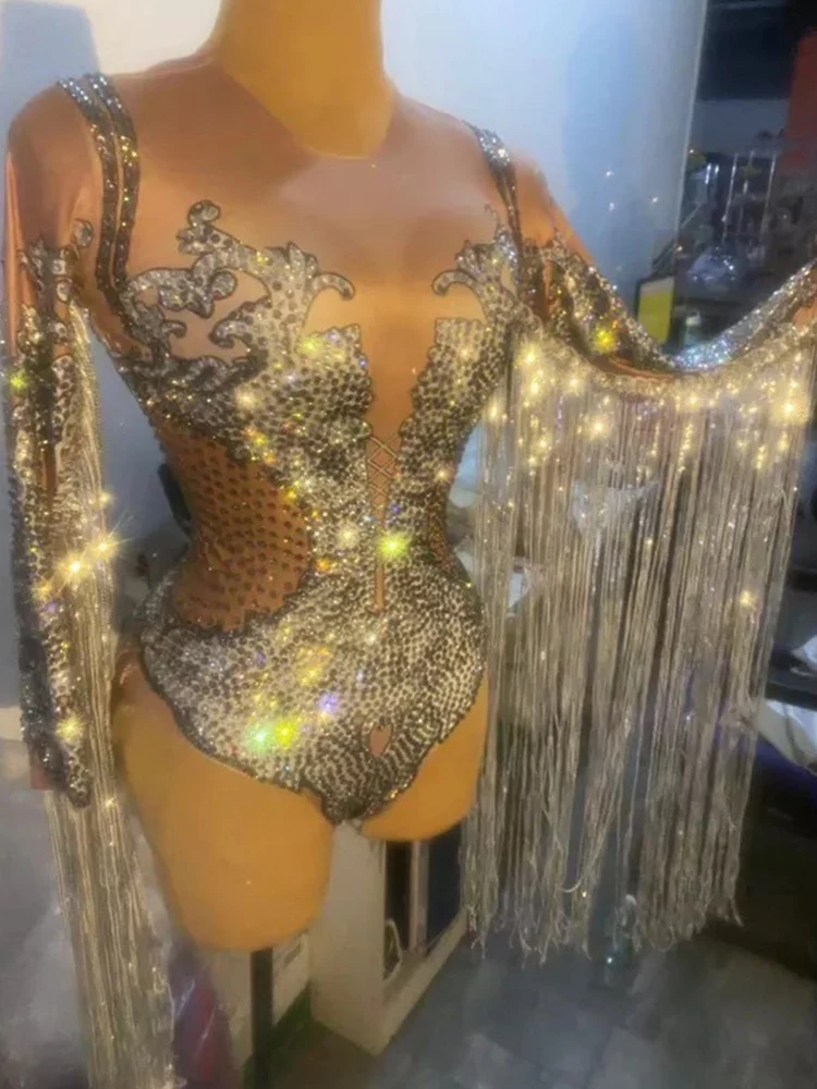 

Bar Singer Sparkly Stage Costume Rhinestone Sequins Tassel Elastic Bodysuit Festival Rave Outfit Nightclub Gogo Dancewear DB4091