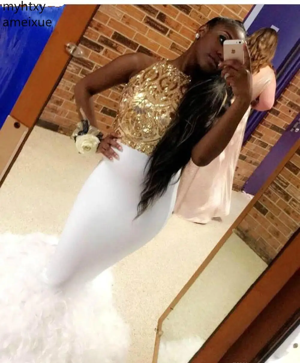 New Luxury South Black Girls Feather White Prom Dresses 2020 Mermaid Wear Event Party Gowns Plus Size Custom Made Dress Elegant
