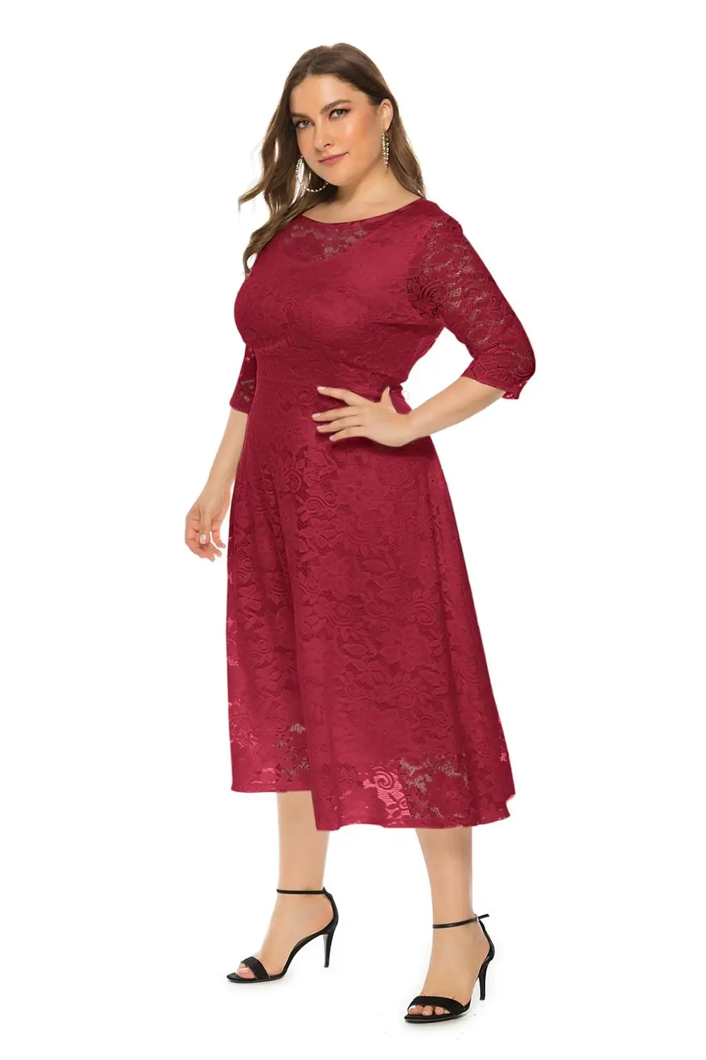 Женское кружевное вечернее платье-трапеция платье длиной ниже колена с рукавами