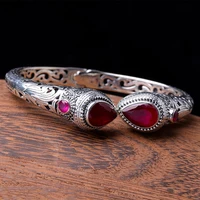 s925 sterling silver ornament indonesian style womens hollow cut red corundum bracelet