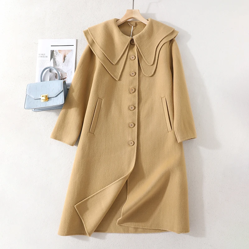 

Woolen Coat Women New Products In Autumn And Winter Pure Wool Lapel Long Sleeve Single Breasted Placket Medium Length Cardigan