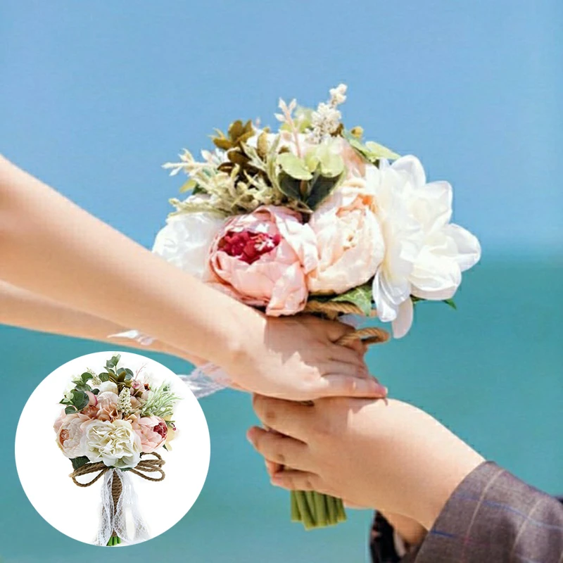 

Свадебный искусственный букет пиона, искусственные цветы с лентой, кружевные цветы в стиле кантри для украшения дома и свадьбы