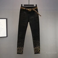 leopard rhinestone jeans womens 2021 spring and autumn new elastic high waist slim fit black denim pencil pants