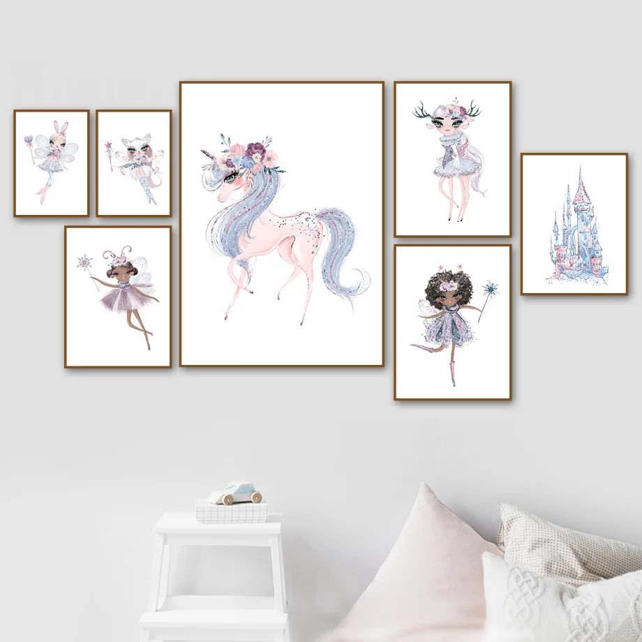 

Cartoon Girl Magic Elf Unicorn Castle Nordic Posters and Prints Wall Art Canvas Painting Nursery Wall Pictures Kids Room Decor