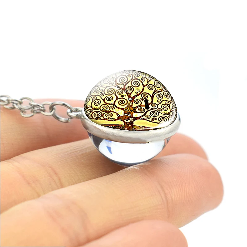 

Fashion Tree of Life Gustav Klimt Art Necklace Double Side Glass Ball Pendant Choker Necklace Jewelry Christmas Gifts
