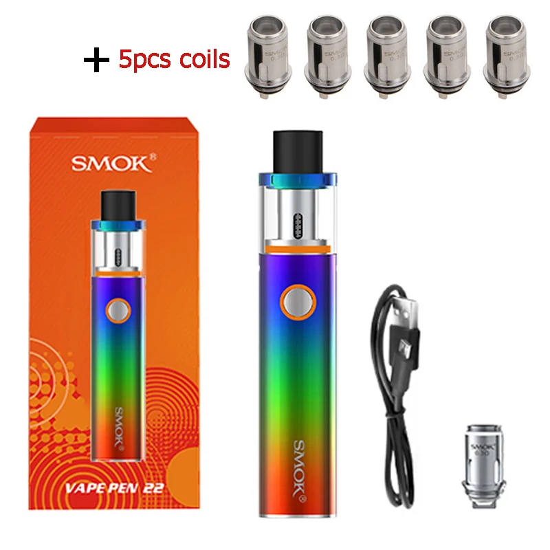 Smok Vape Pen 22 комплект со встроенным аккумулятором 1650 мАч Vape Pen 22 резервуар Ом двухъядерный светодиодный электронная сигарета испаритель - Цвет: 7-Color and 5 coils