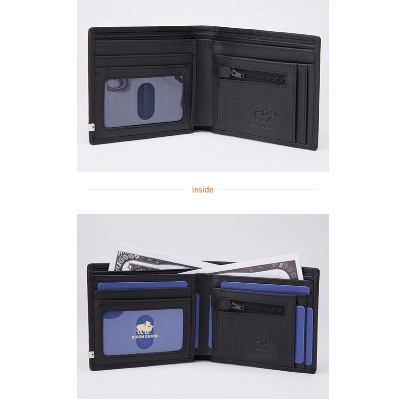 Мужской короткий кошелек BISON DENIM из воловьей кожи с карманом для монет