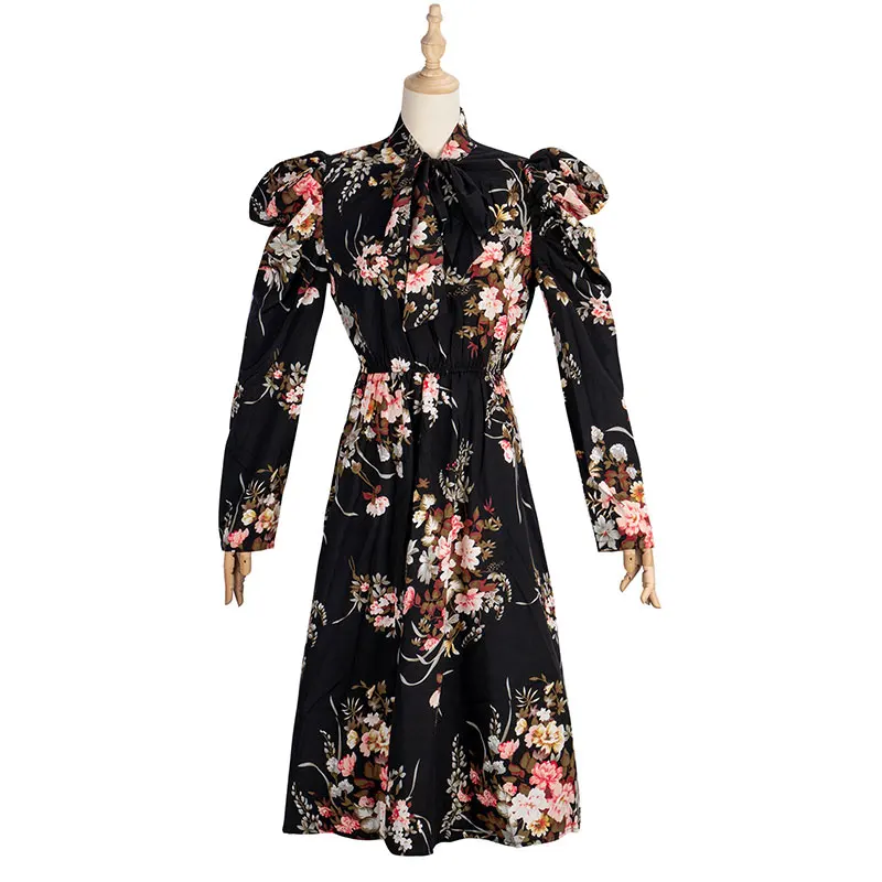 

2021 New Autumn Elegant Fashion Slim Floral Dress Women High Wasit Butterfly Sleeve Black Dress Female Office Lady