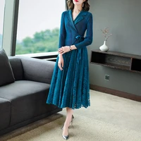 velvet long dress 2020 autumn new light luxury design suit collar pleated 45 sleeve office lady chic fake two piece dress y627