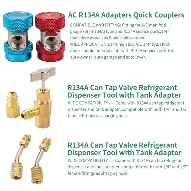 AC R134A Freon Charging Refrigerant Kit Including Adapters Quick Couplers | Cables &amp Sockets