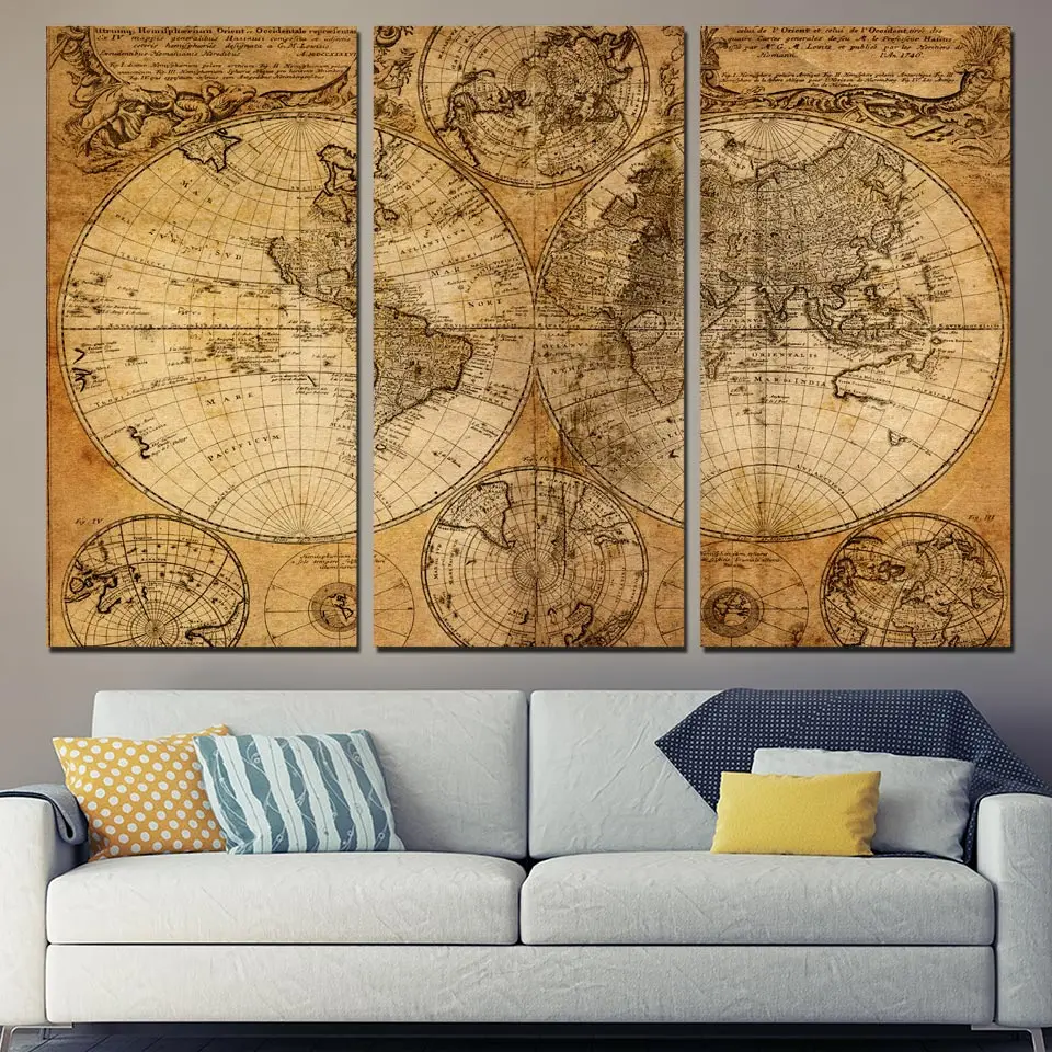 

3 Panel World Map Ancient Posters HD Canvas Wall Art Pictures Accessories Paintings Modular Home Decor Living Room Decoration