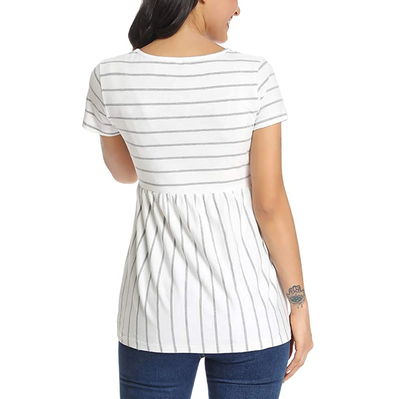 

Maternity T-shirt Fashion Solid Stripe Short Sleeve Breast-Feeding Pregnant Woman Nursing Tops Maternity Blouse Pregnancy Tees