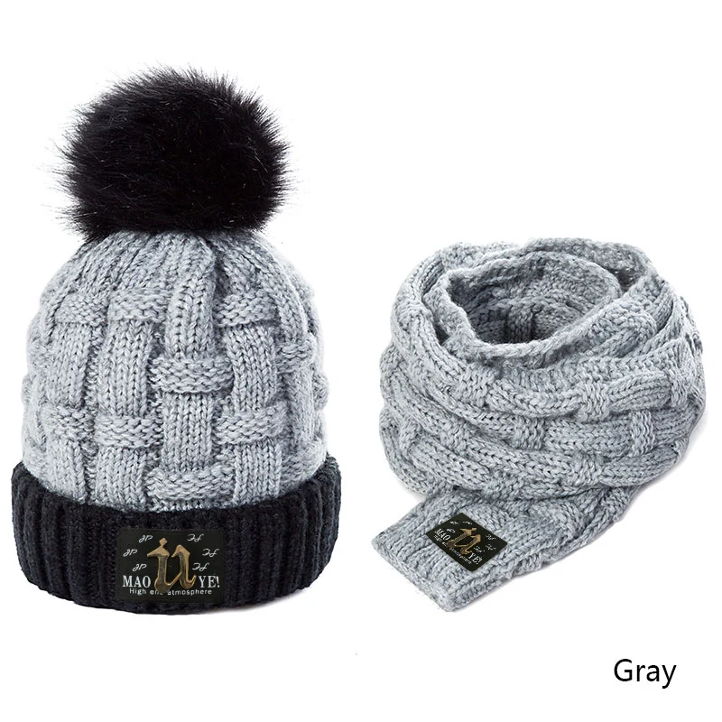 Gray REAKIDS/Модная зимняя детская шапка, шарф, комплект с помпонами, теплые хлопковые шапочки, детская шапка с шарфом, шапка для девочек и мальчиков, унисекс - Цвет: Gray