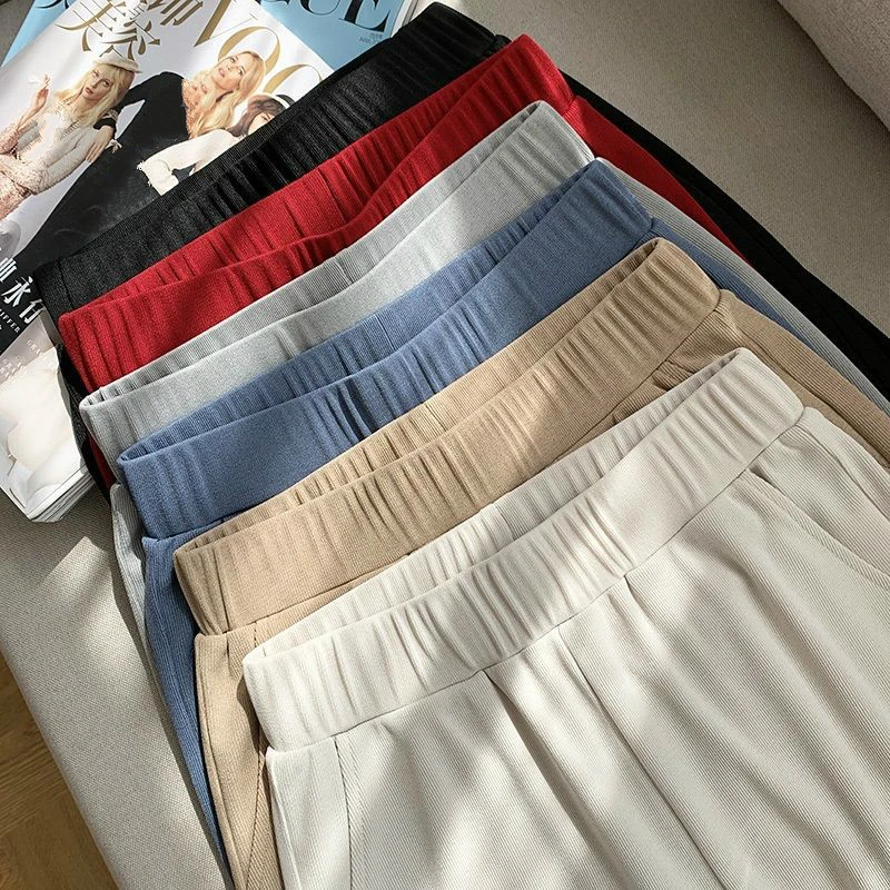 

Girls Summer Knitted Wide Leg Pants Female Trousers Women Casual Elastic High Waist Loose Thin Plus Size Cropped Pants Homewear