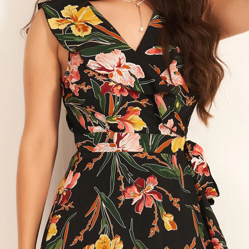 

Summer 2021 New Women's Vintage Floral Printed Dress Long Dresses Backless V-Neck High Waist Sleeveless Mid-calf Dress Female