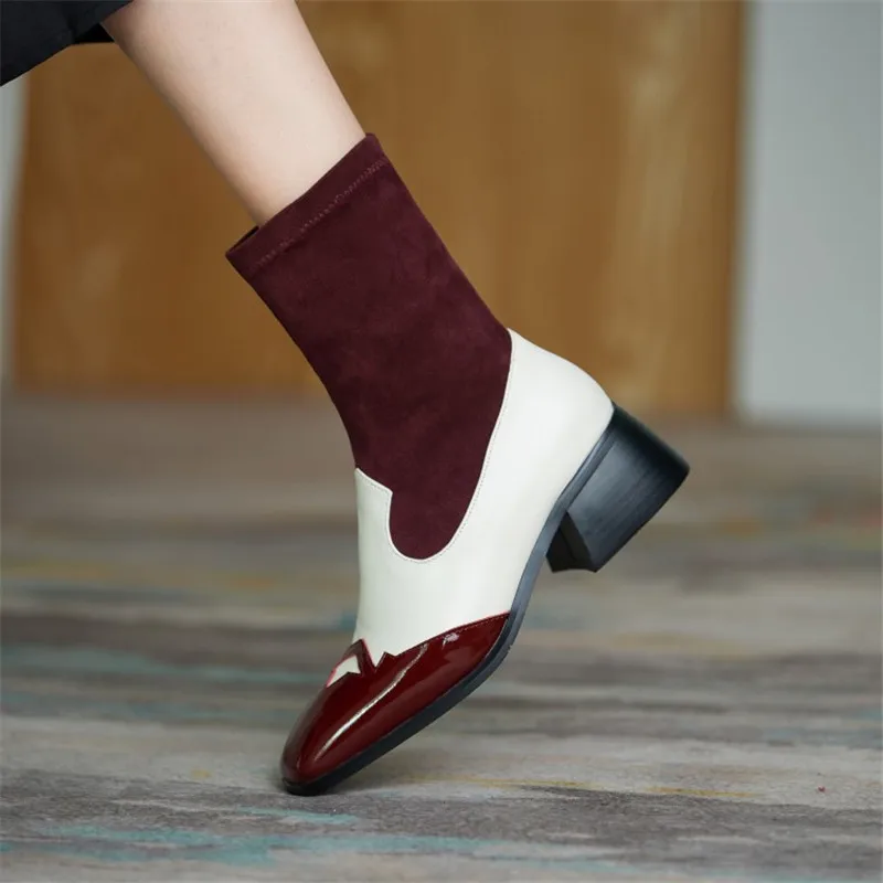 

Winter Women Boots Genuine Leather Splicing Suede Elastic Sleeve Boots Square Toe Chunky Heel Color Matching Boots Item No.498