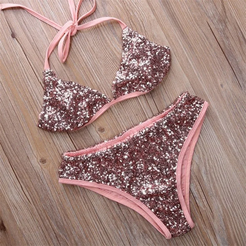 

2021 Halter Mini Bikini Female Swimsuit Women Swimwear Two-pieces Bikini Set Luxury Sequins Bather Bathing Suit Swim Lady